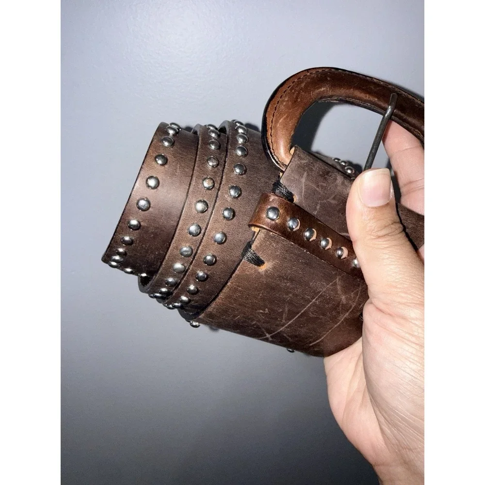 Vintage Ultra Wide Brown Belt Silver Studded Statement Waist‎ Cinch 39
